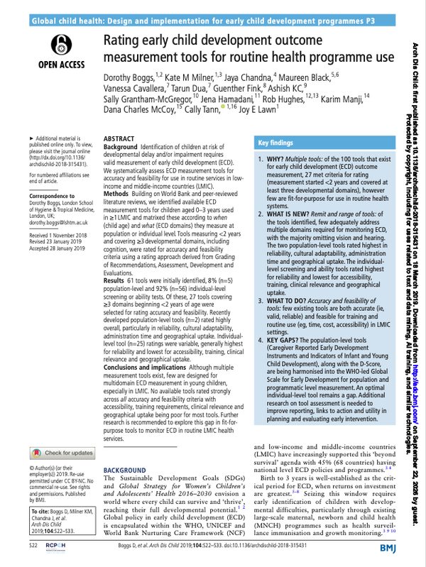 Rating early child development outcome measurement tools for routine health programme use.